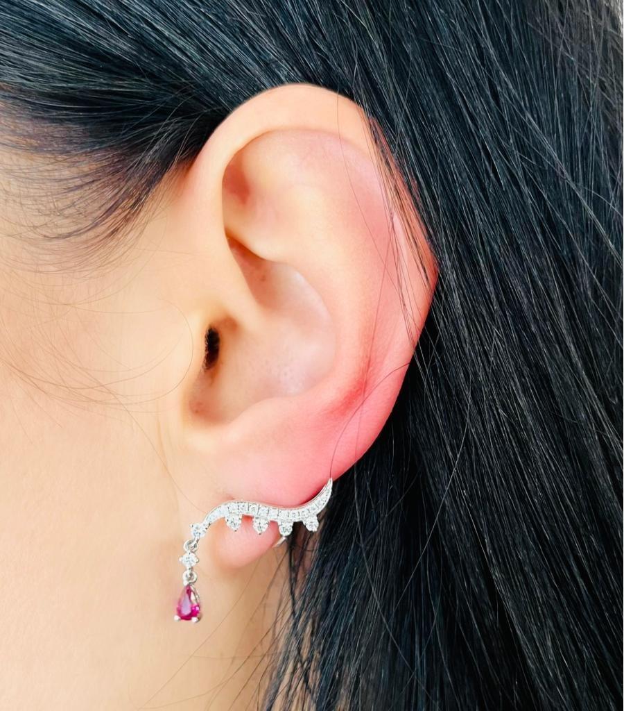 Aureliean Lover's Ruby & Diamond Ear Climbers In 18k White Gold For Sale 3