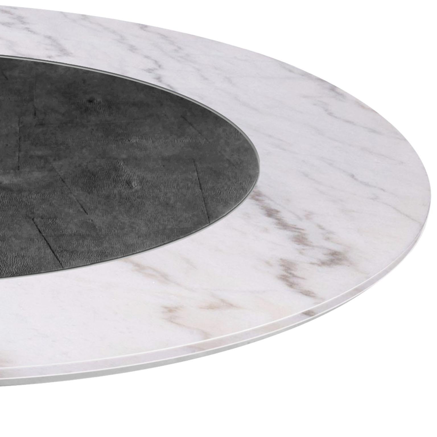 Hand-Crafted Modern Round Dining Table White Marble Black Scagliola Shagreen Decoration Brass