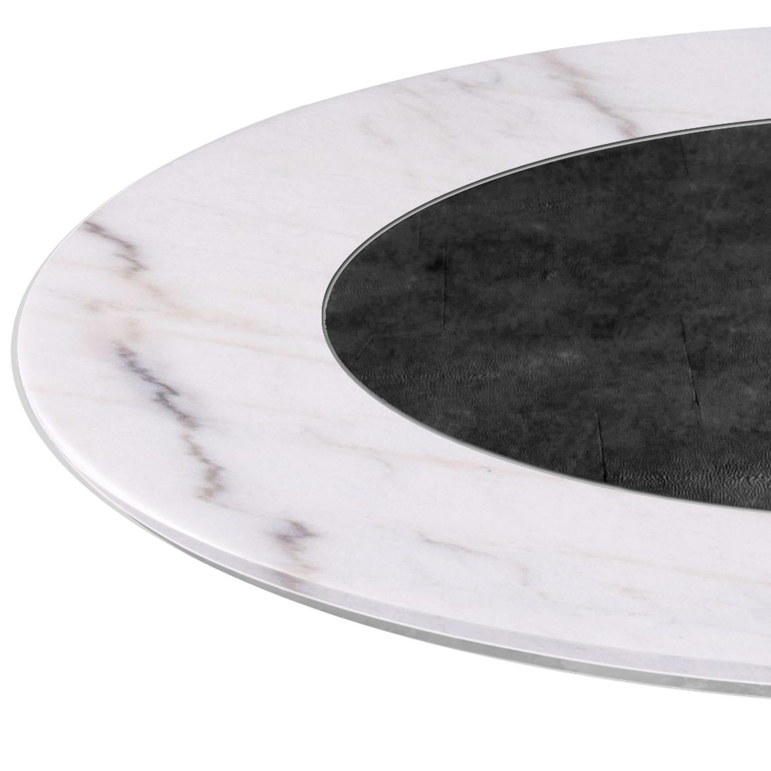 Contemporary Modern Round Dining Table White Marble Black Scagliola Shagreen Decoration Brass