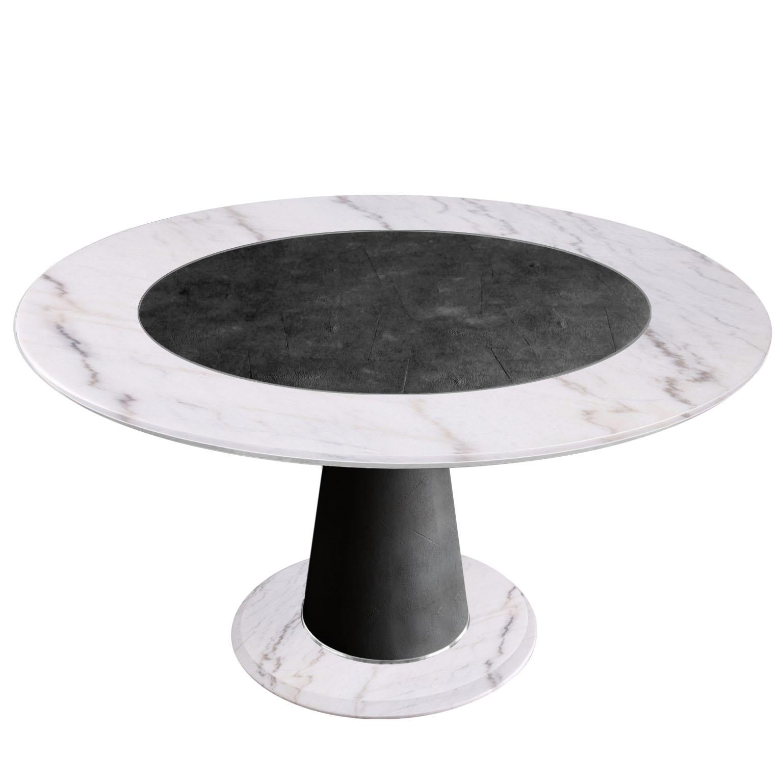Modern Round Dining Table White Marble Black Scagliola Shagreen Decoration Brass