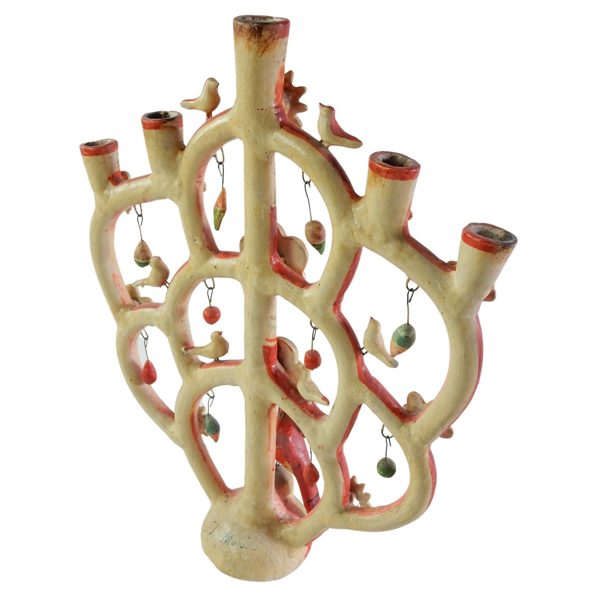 Hand-Crafted Aurelio Flores Mexico Tree of Life Art Pottery Candelabra Sculpture