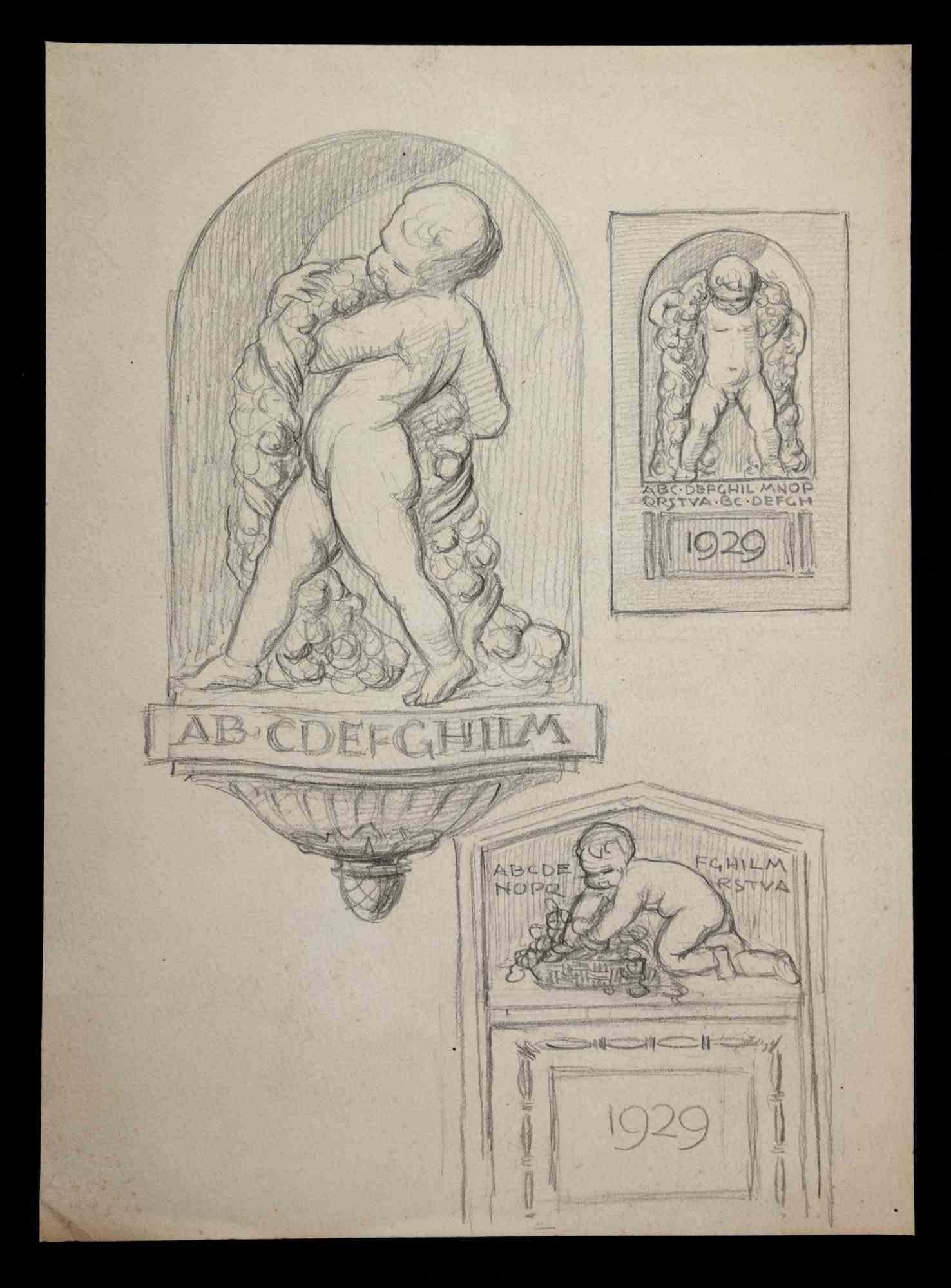 Aurelio Mistruzzi Figurative Print – Studie für ein Basrelief –  Zeichnung von A. Mistruzzi – Mitte des 20. Jahrhunderts