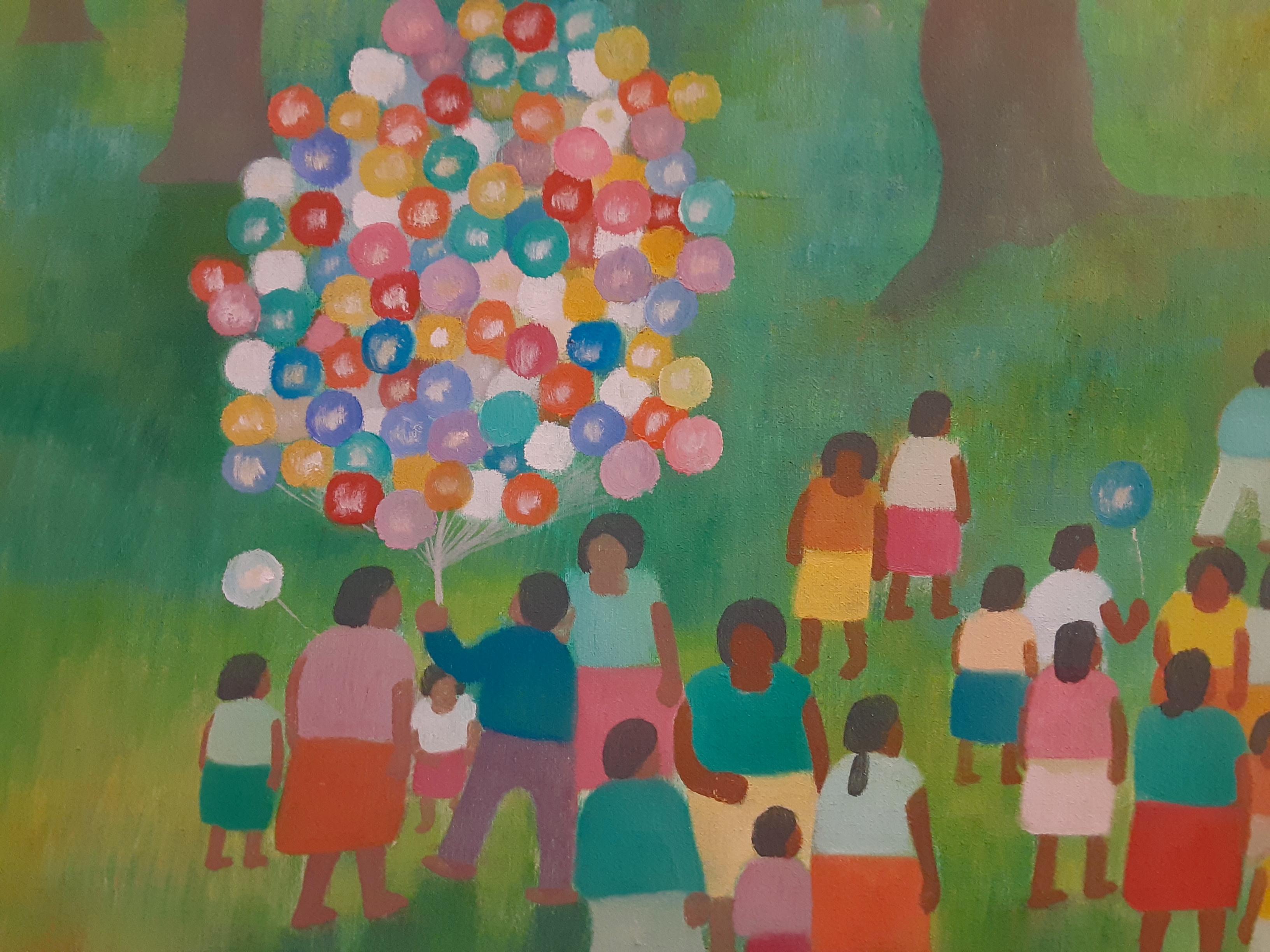 Acrílico sobre lienzo-- Fiesta de cumpleaños en el Parque de Chapultepec - Painting Contemporáneo de Aurelio Pescina