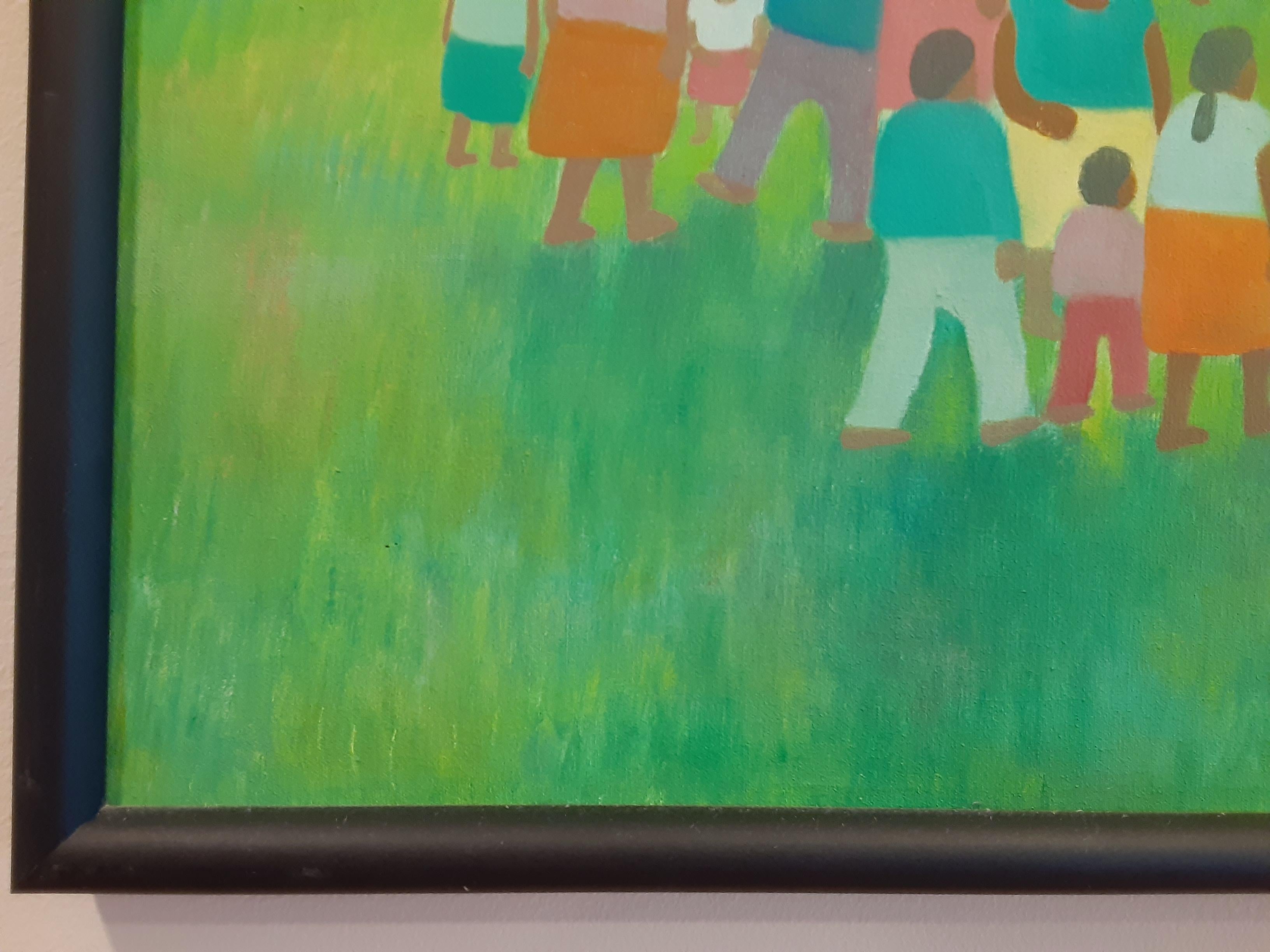 Acrílico sobre lienzo-- Fiesta de cumpleaños en el Parque de Chapultepec - Landscape Painting Azul de Aurelio Pescina