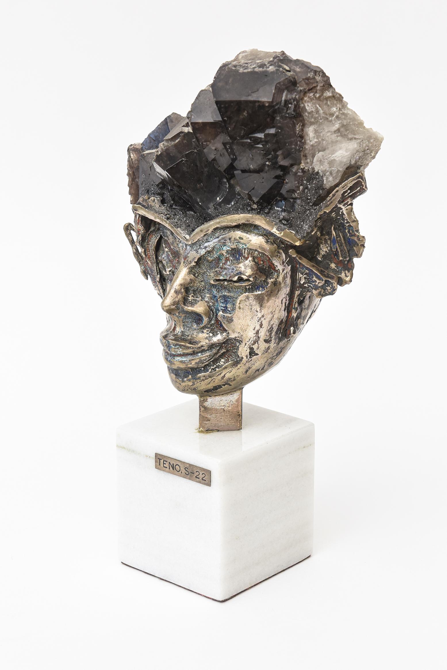 Modern Aurelio Teno Signed Silvered Bronze, Enamel, Quartz and Marble Sculpture Vintage For Sale