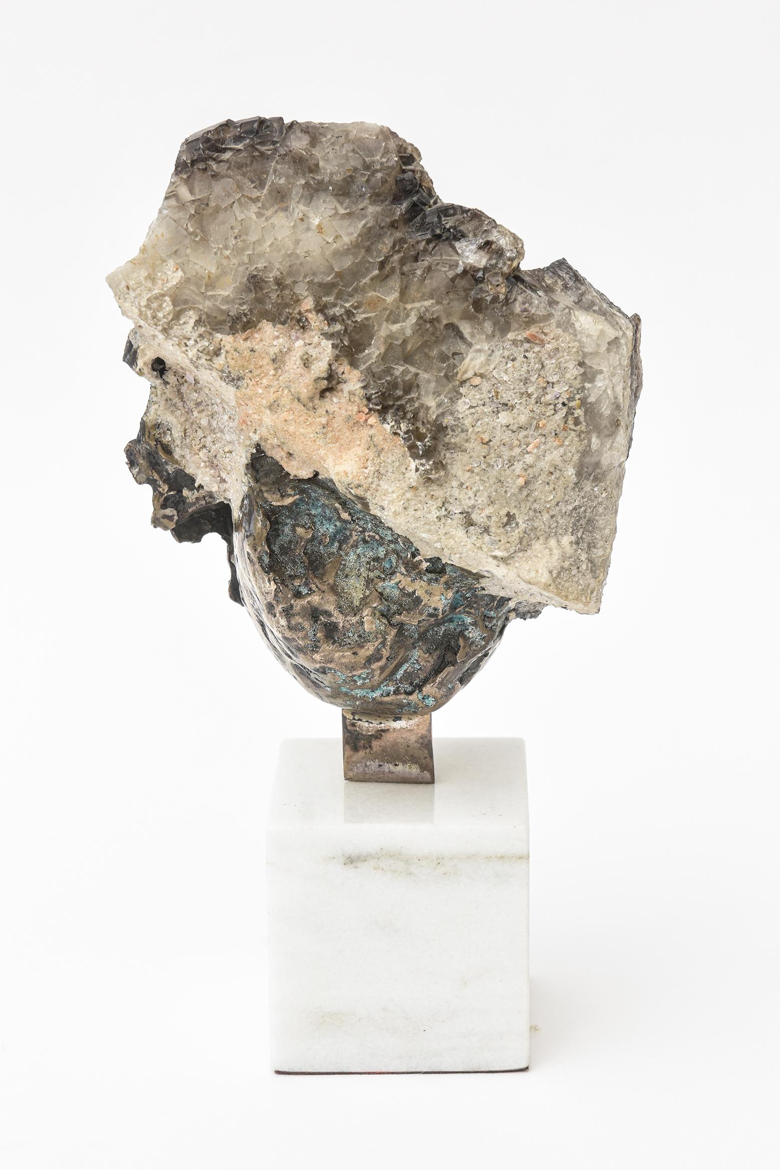 Modern Aurelio Teno Signed Silvered Bronze, Enamel, Quartz and Marble Sculpture Vintage For Sale