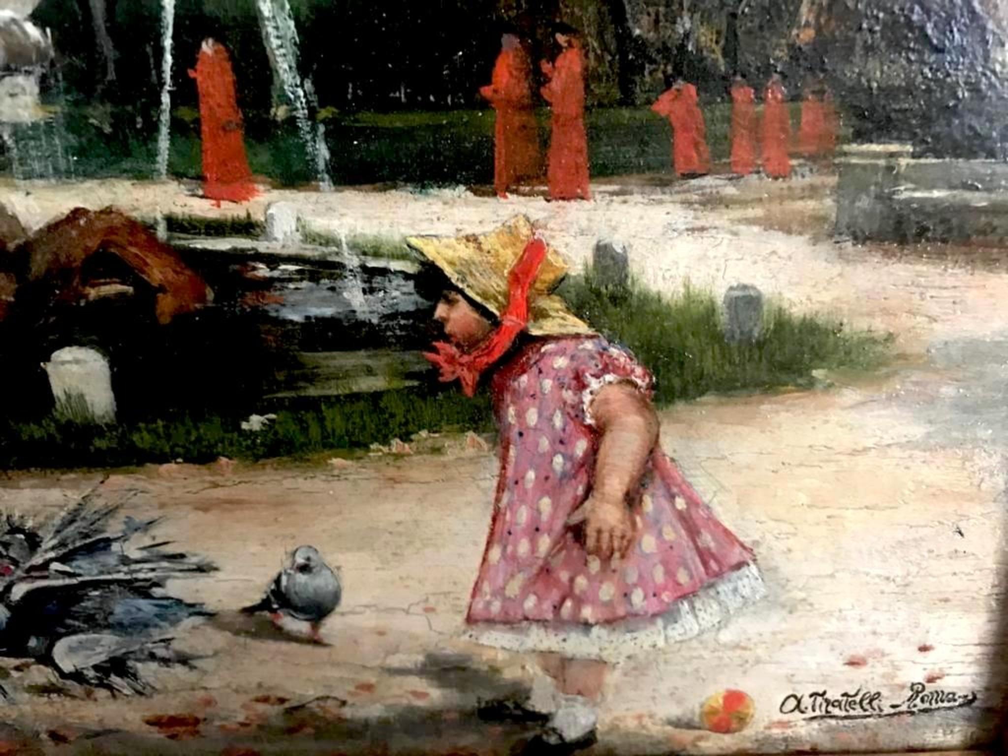 AURELIO TIRATELLI(1842-1900) 
The Garden
Oil on wood
 Signed and located in Rome.
 Framed.
 7 inches (h) x 12 inches (w) wood. 
22 inches (h) x 27 inches (w) framed. 
At the back has a number: 

BIO:​​He was born in Rome. He studied at the Accademia
