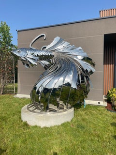 AURELION ''The Eternal Current'' SS Metal Fish Sculpture, Large Scale, Outdoors