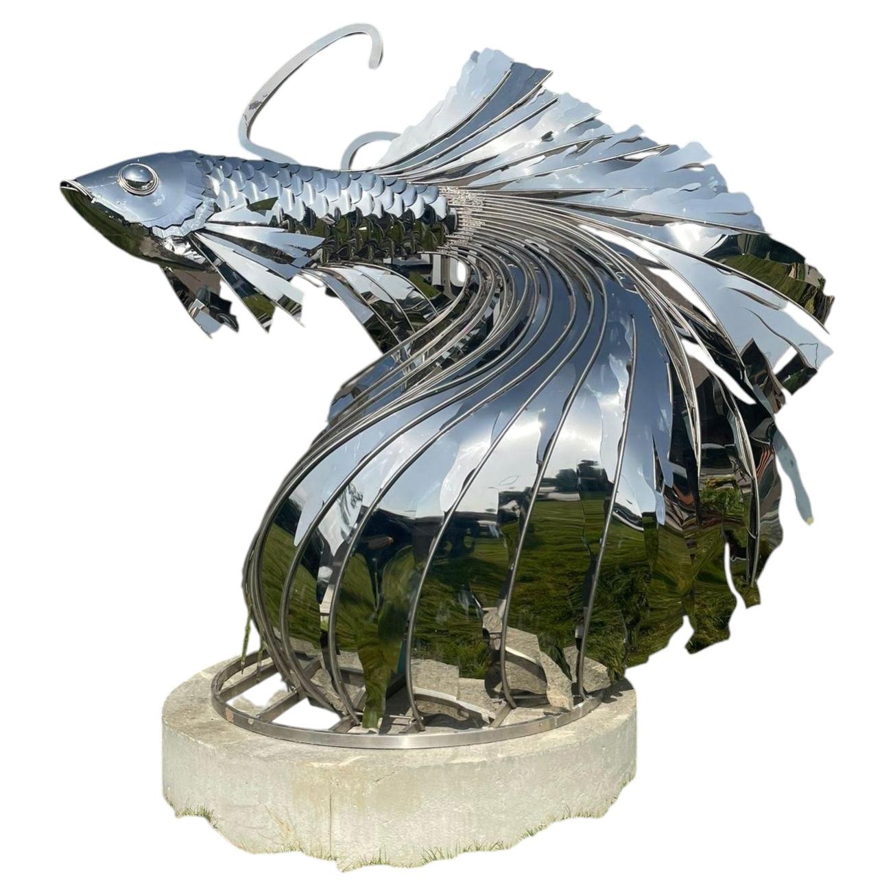 AURELION ''The Eternal Current'' SS Metal Fish Sculpture, Large Scale, Outdoors