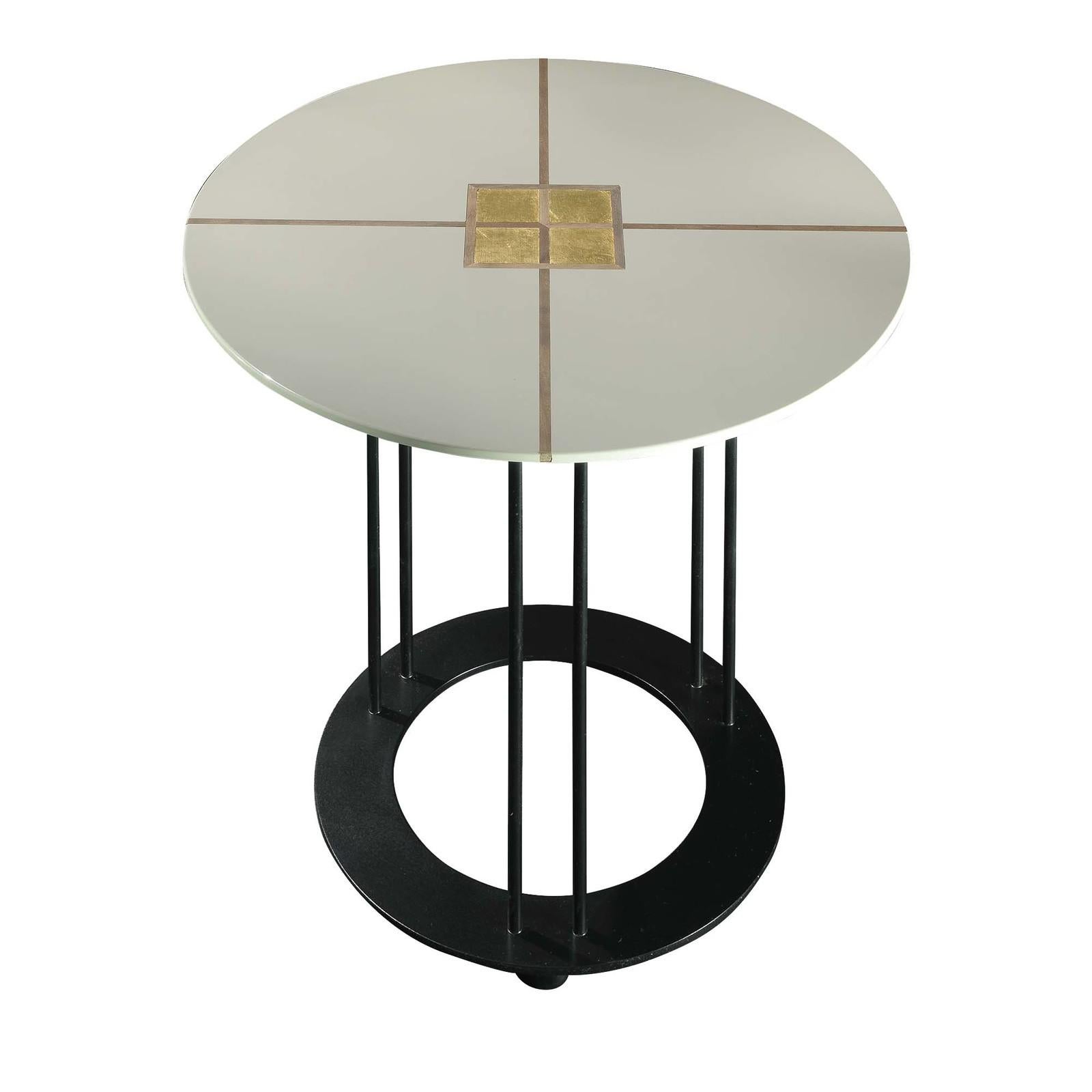 This striking table is defined by a modern profile and will best suit a midcentury or Minimalist interior. The round top features a celadon shiny polyurethane lacquer, which contrasts with the cross gold leaf inlay, the two lines in Canaletto walnut