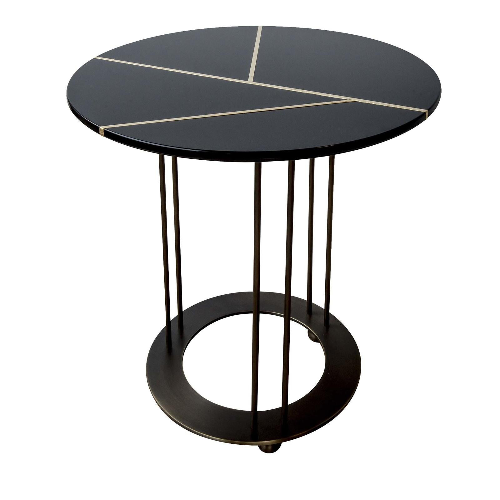 Best paired alongside other side tables from the same series for a dynamic arrangement, this tall side table is defined by its use of textures and geometries. The round wooden top is lacquered with black polyurethane with a shiny finish and features