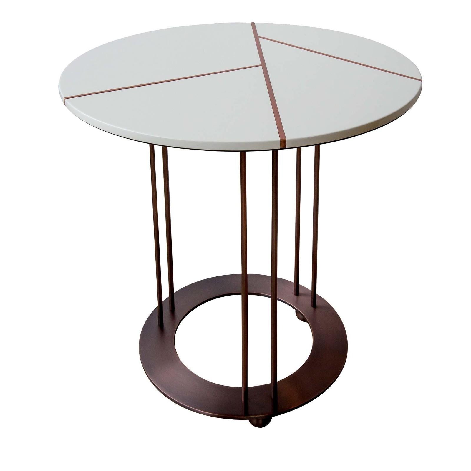 Defined by simple lines and colors, this tall side table will elegantly frame any bed or sofa in a modern interior. The round wood top, lacquered in ivory polyurethane with a glossy finish, features a linear inlay pattern in copper leaf slats that