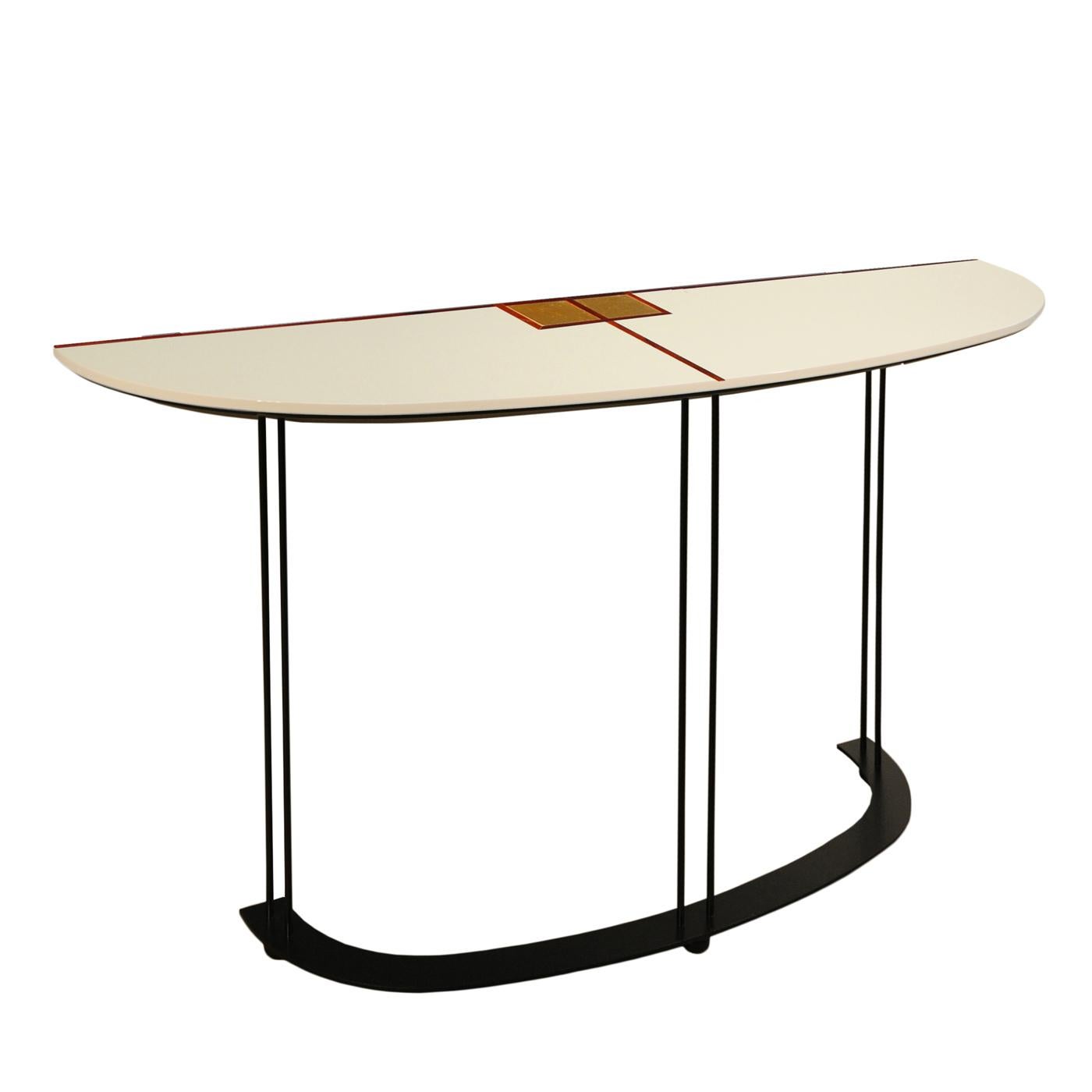 This delicate and refined console is an exquisite example of contemporary sophistication. Boasting a unique structure made of metal with a matte black powder finish and comprising three pairs of legs sustained by a demilune shaped base support, the