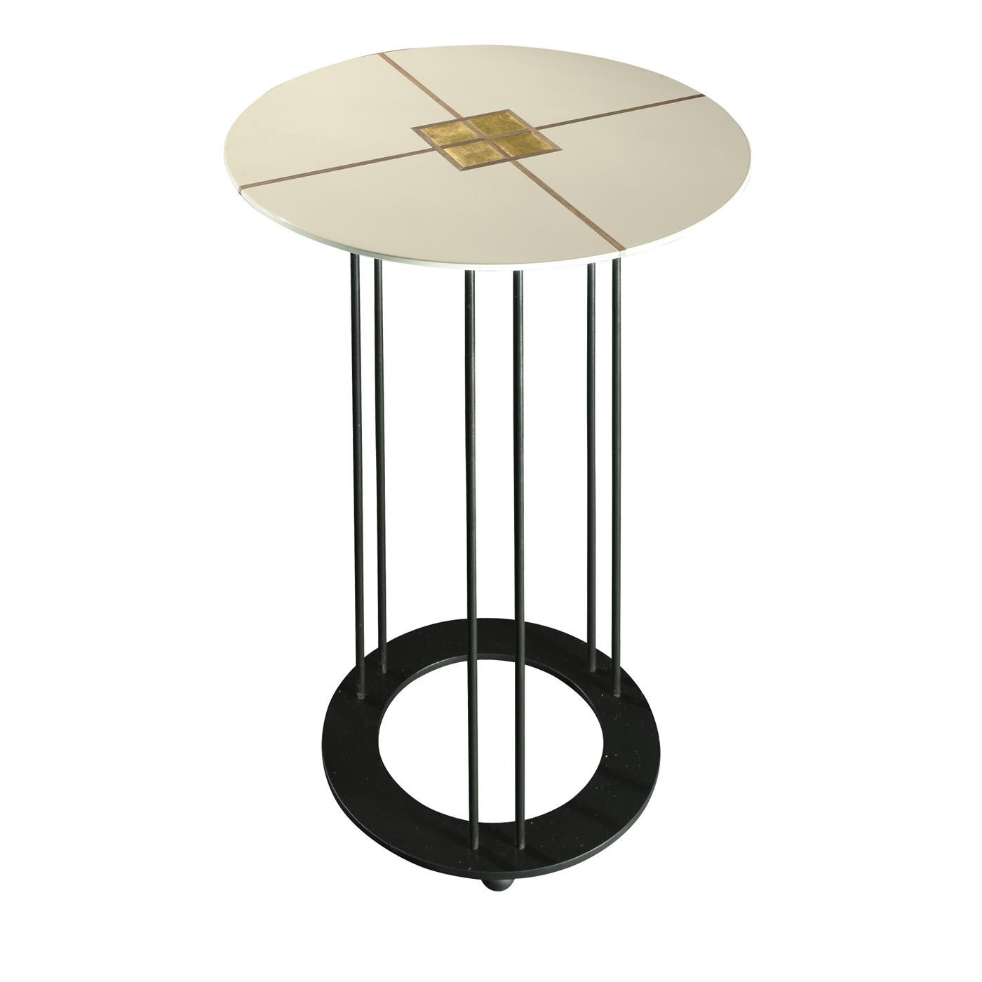 A refined piece of timeless elegance, this tall coffee table is composed of a matte black-coated metal structure marked by three pairs of long, slim legs attached to a ring-shaped base that adds firm balance to the piece. The top is fashioned of