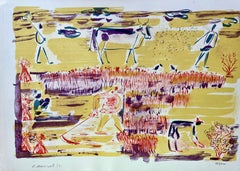 unknown ...  farm scene with workers and oxen, original lithograph