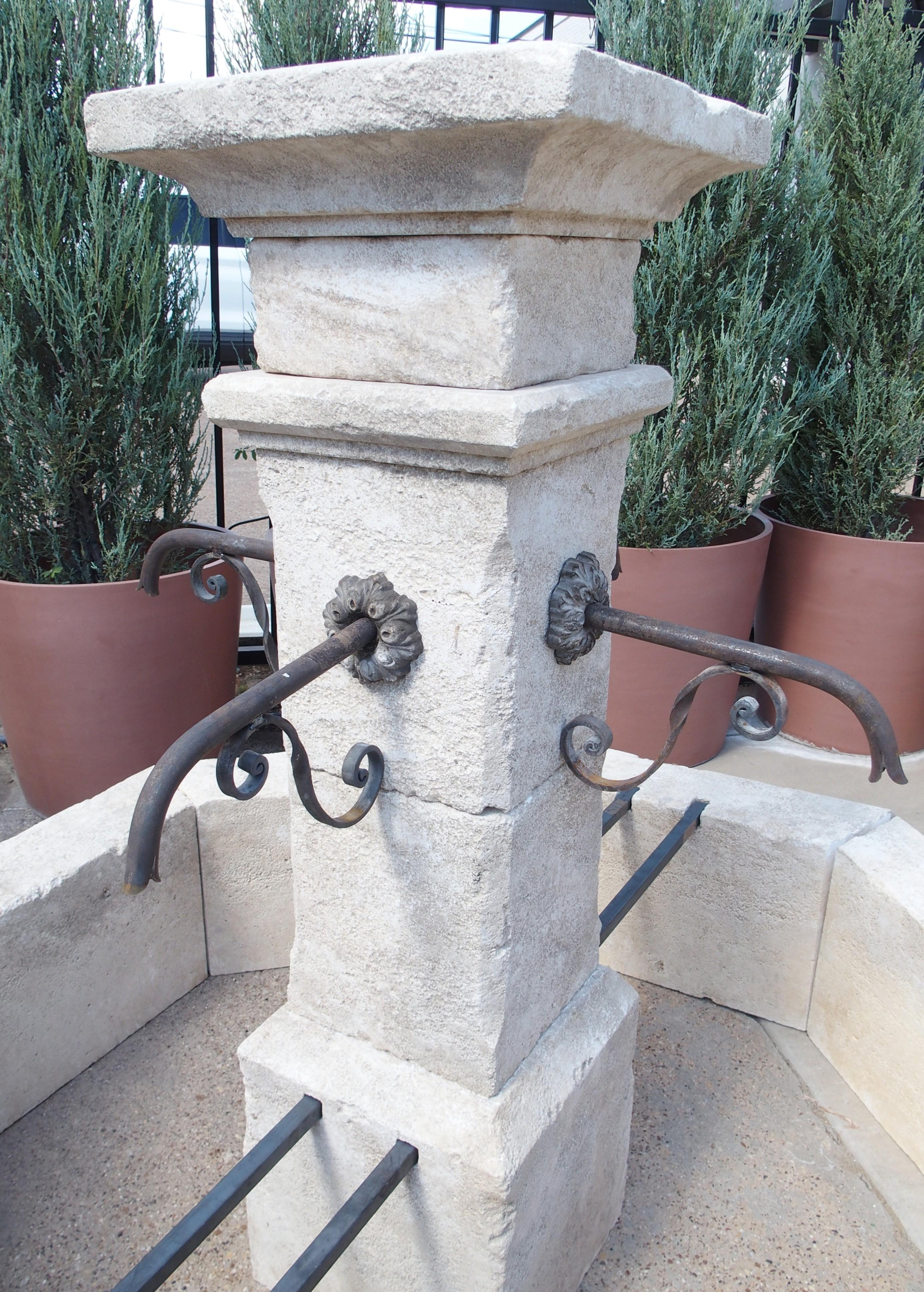 Hand-carved from 14 pieces of French estaillade limestone, this octagonal center fountain would make a wonderful addition to a medium-sized landscape plot, such as a courtyard or rose garden. The basin stones have a beveled top edge, which is