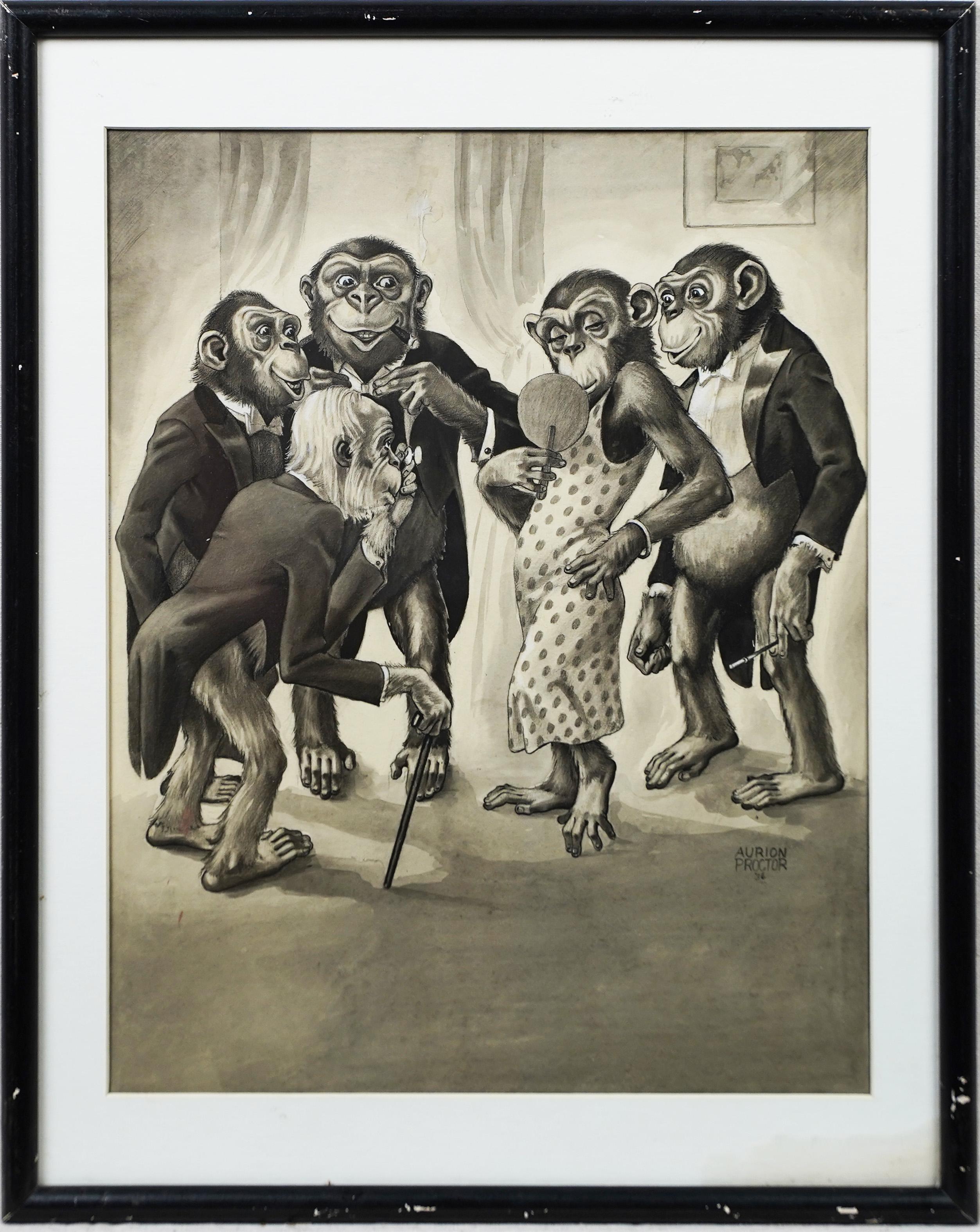 Antique American Surreal Anamorphic Signed Beautiful Monkey Humorous Drawing  - Painting by Aurion M. Proctor