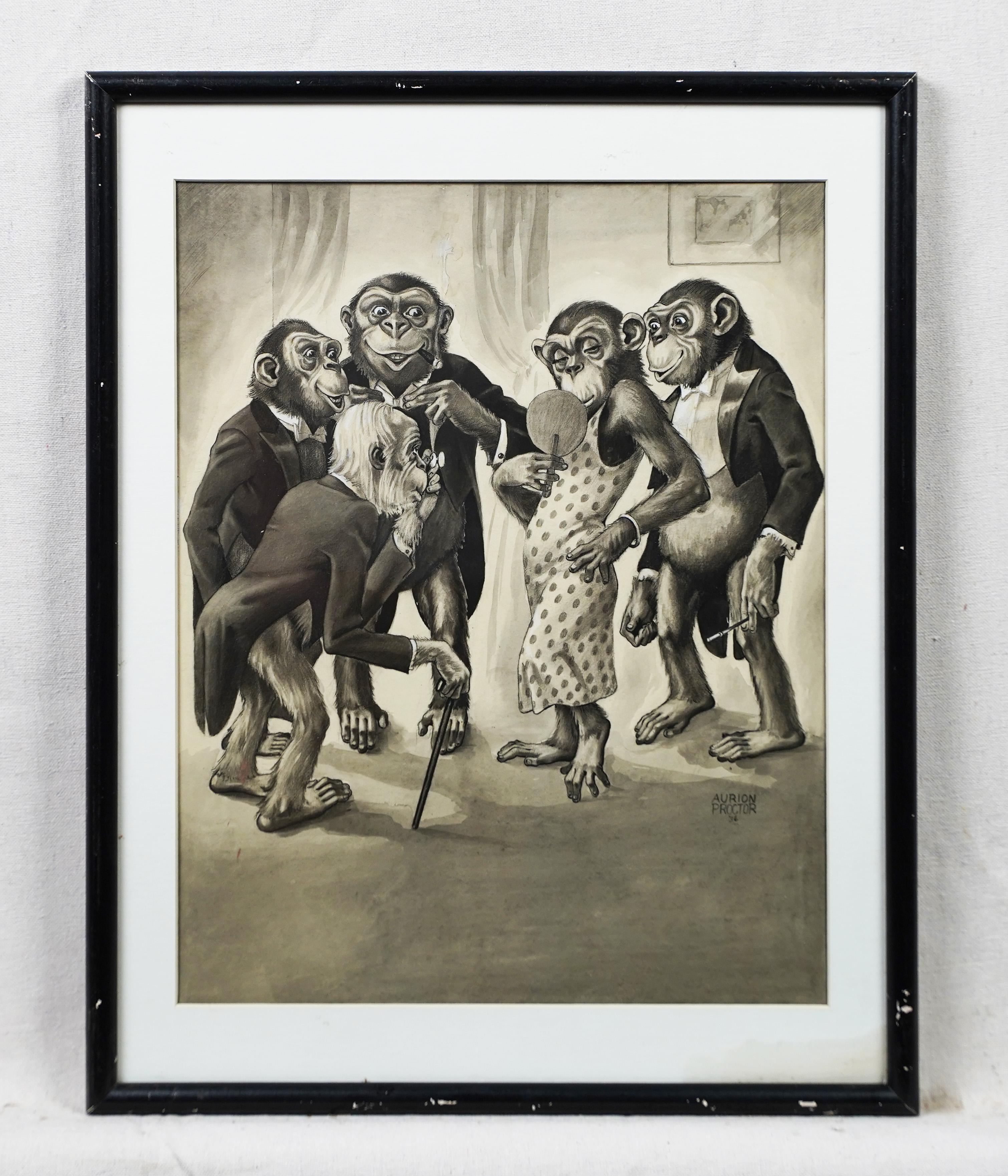 Antique American Surreal Anamorphic Signed Beautiful Monkey Humorous Drawing  - Surrealist Painting by Aurion M. Proctor