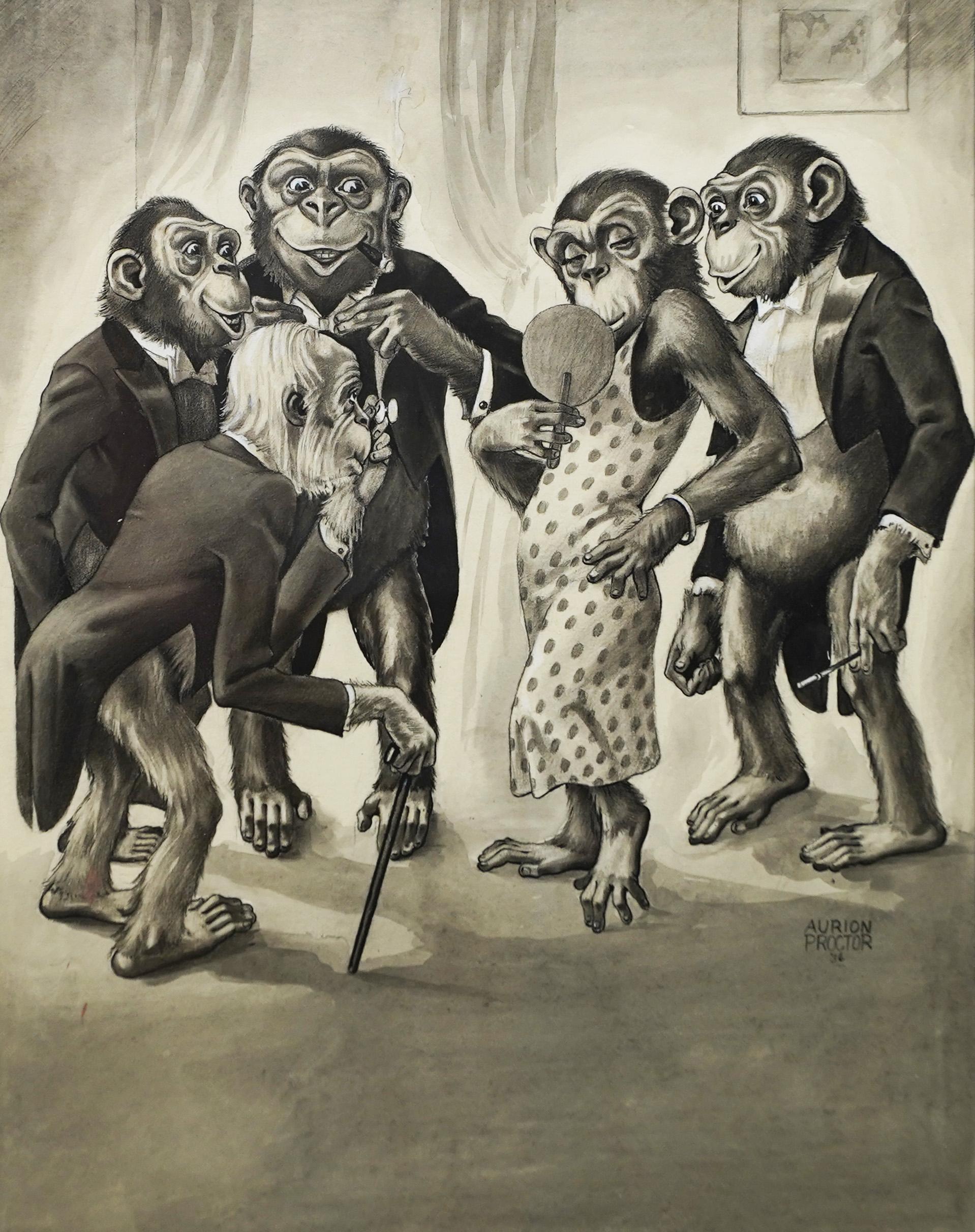 Antique American modernist signed monkey drawing by Aurion M. Proctor (1909 - 1983).  Drawing and charcoal on paper.  Signed.  Framed.   