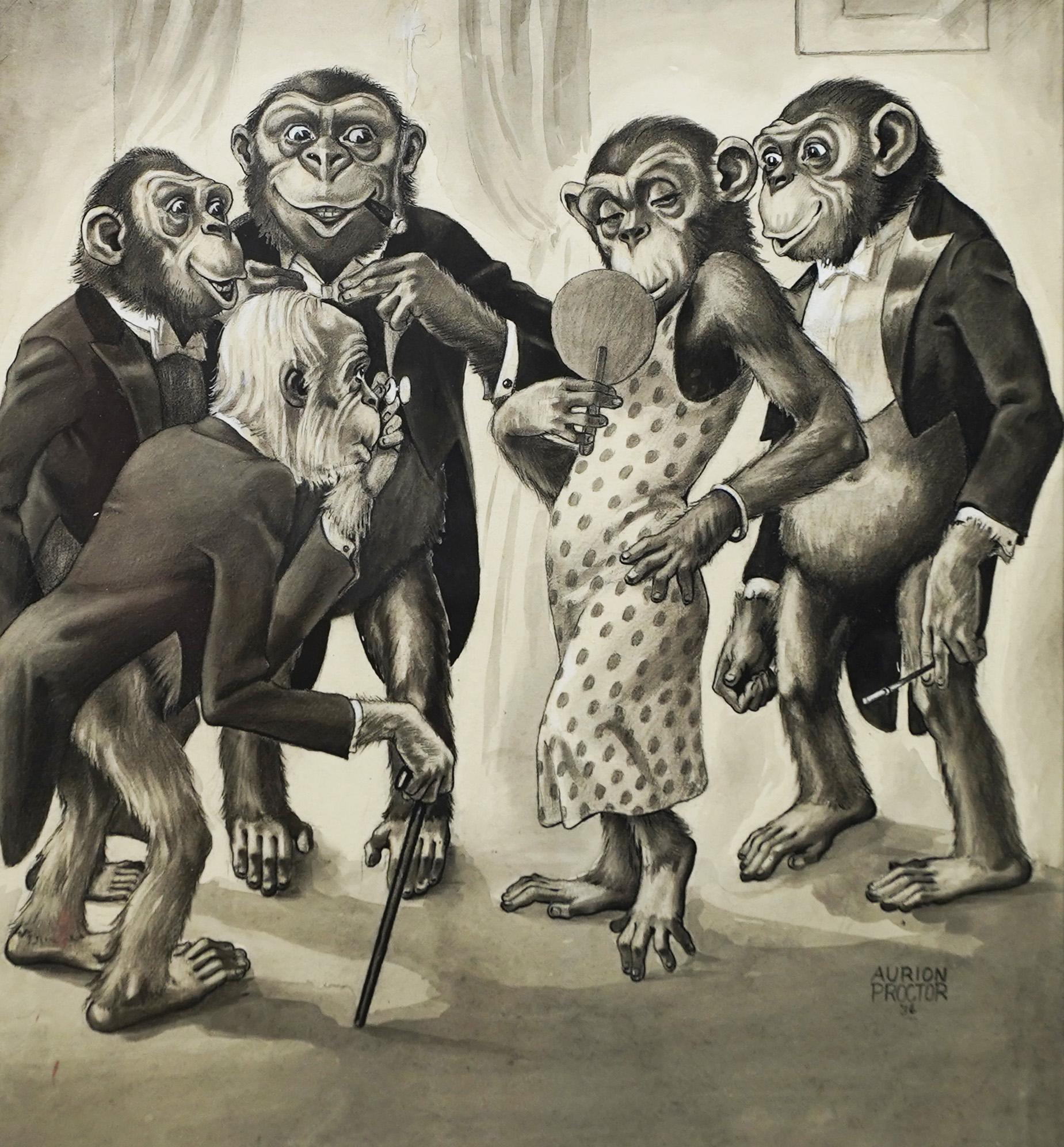 Antique American Surreal Anamorphic Signed Beautiful Monkey Humorous Drawing  For Sale 1