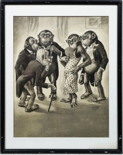 Vintage American Surreal Anamorphic Signed Beautiful Monkey Humorous Drawing 
