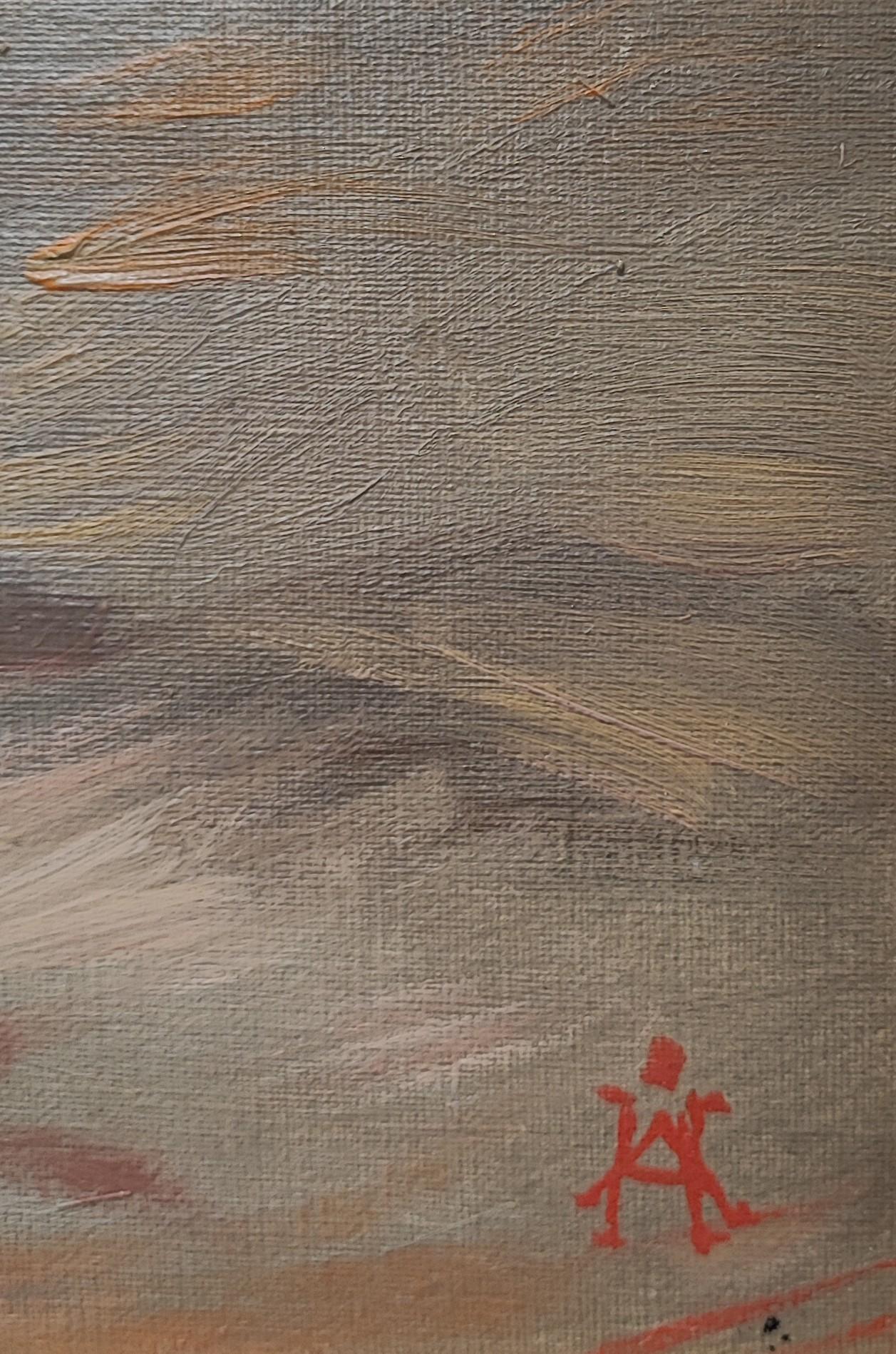 Arbeiten auf Leinwand
Geformter Rahmen aus Holz und vergoldetem Gips
73 x 89 x 7 cm