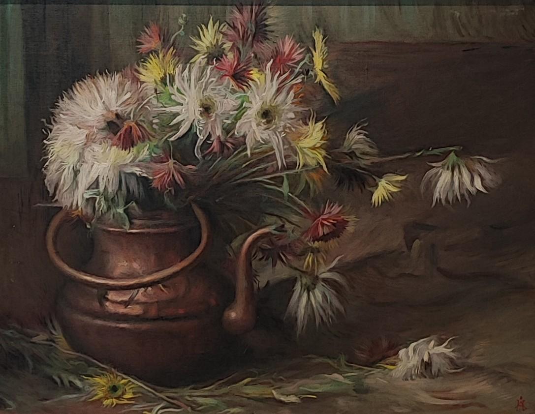 Aurèle Barraud Still-Life Painting – Blumenstrauß und Kupfertopf
