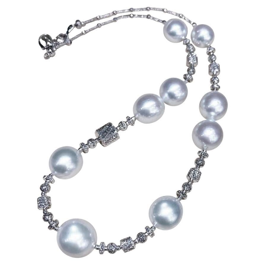 Elegant 18K White Gold Sculpted Necklace with 10-14mm Aurora South Sea Pearls For Sale