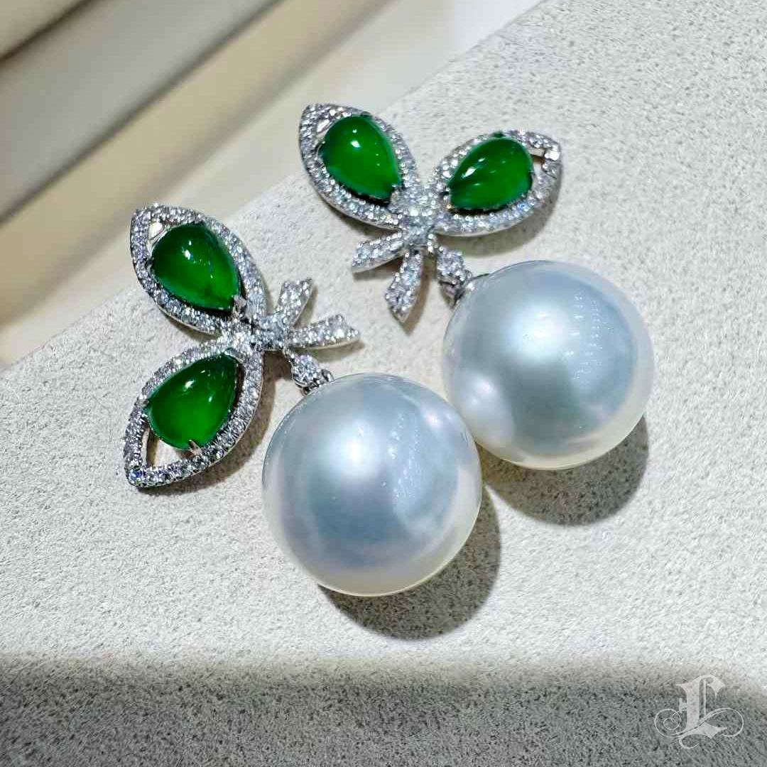 【Jādora】Verdant Grace Jade & South Sea Pearl Earrings 1