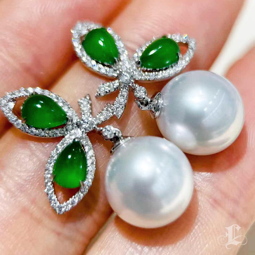 【Jādora】Verdant Grace Jade & South Sea Pearl Earrings 2