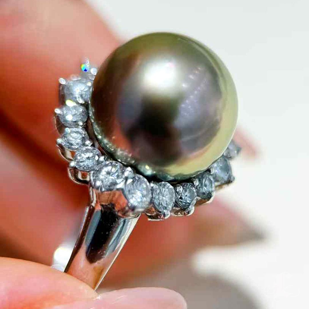 Krone Radiance】Celeste Halo Aurora Tahiti Perle Platin Diamant Ring Damen im Angebot