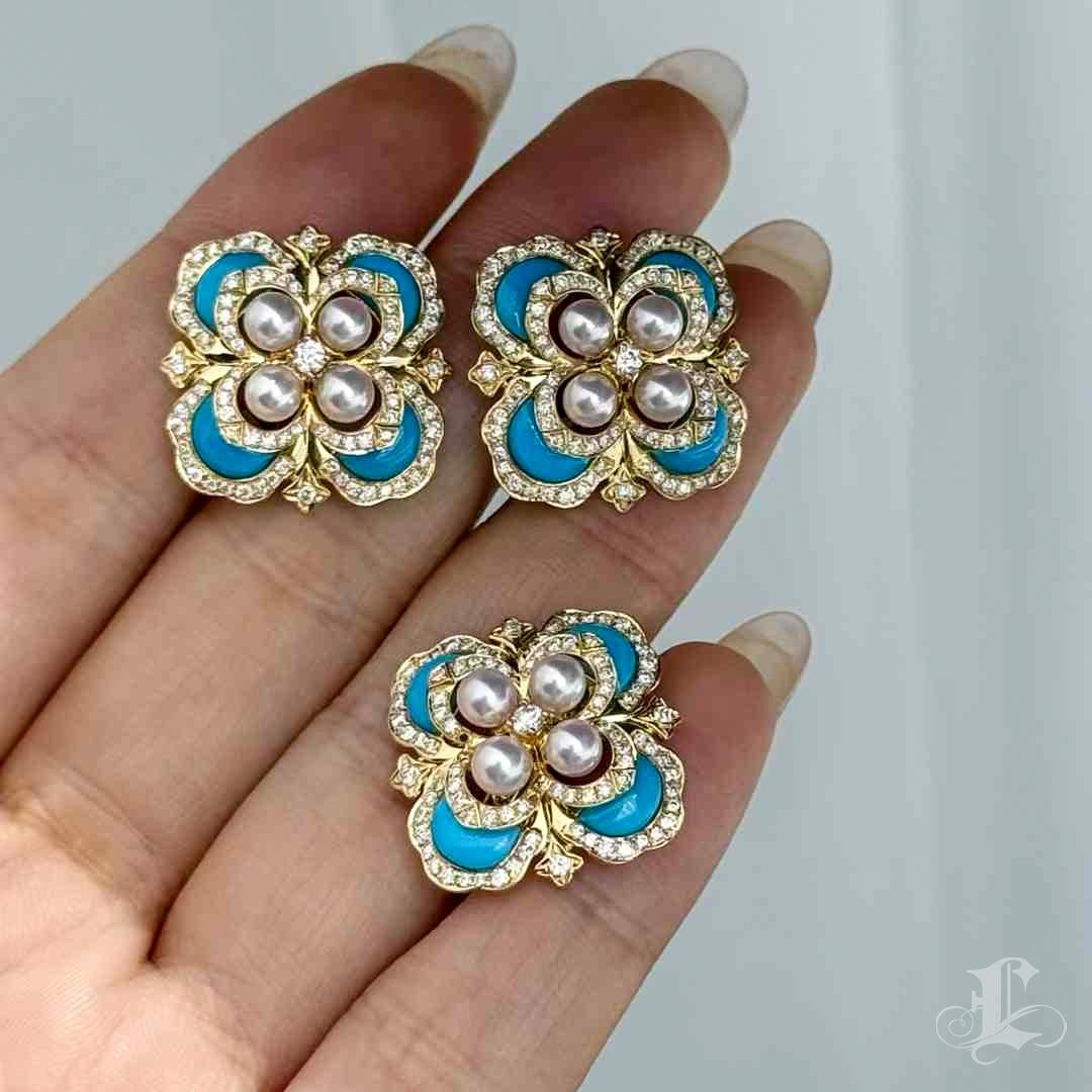 【Caelmare】Azure Clover - Pendientes de perlas Akoya bebé y diamantes turquesa en venta 2