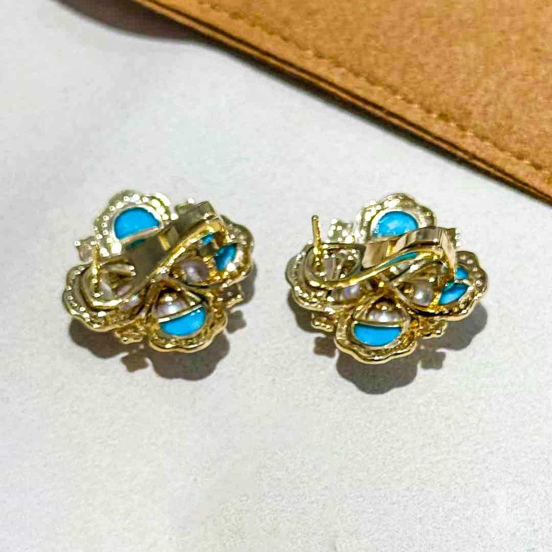 【Caelmare】Azure Clover - Pendientes de perlas Akoya bebé y diamantes turquesa en venta 3