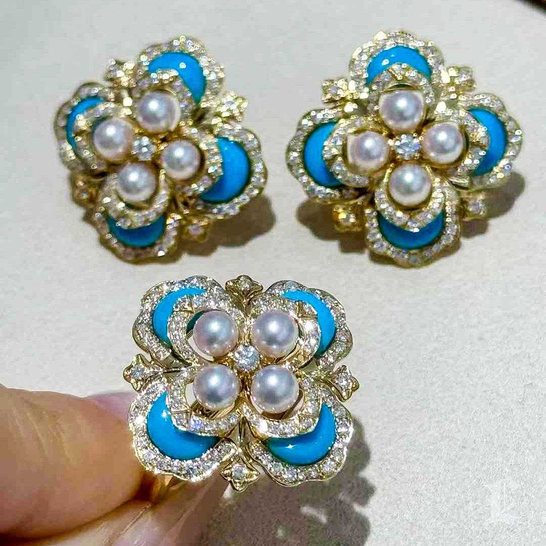 【Caelmare】Azure Clover - Pendientes de perlas Akoya bebé y diamantes turquesa en venta 1