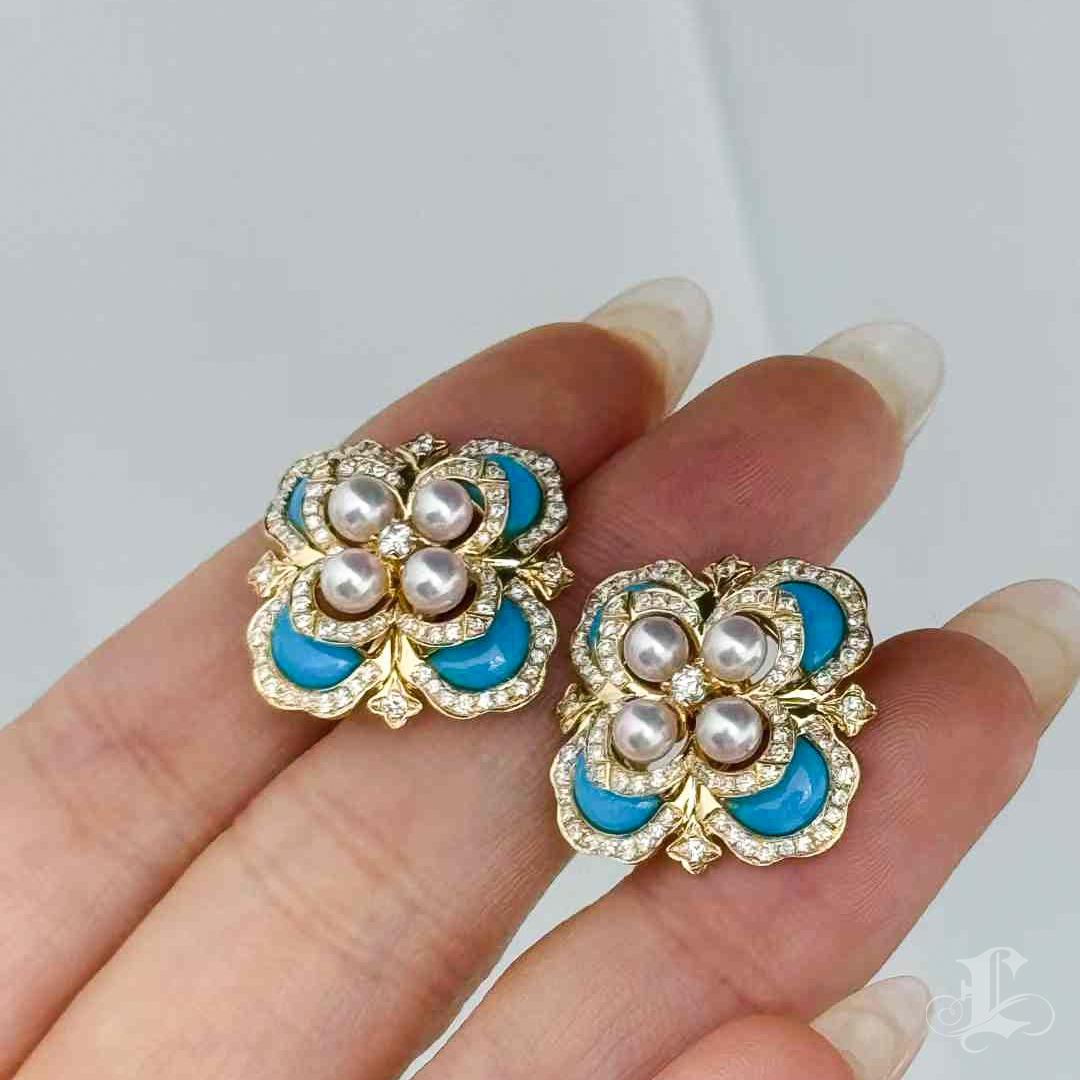 De las mujeres 【Caelmare】Azure Clover - Pendientes de perlas Akoya bebé y diamantes turquesa en venta