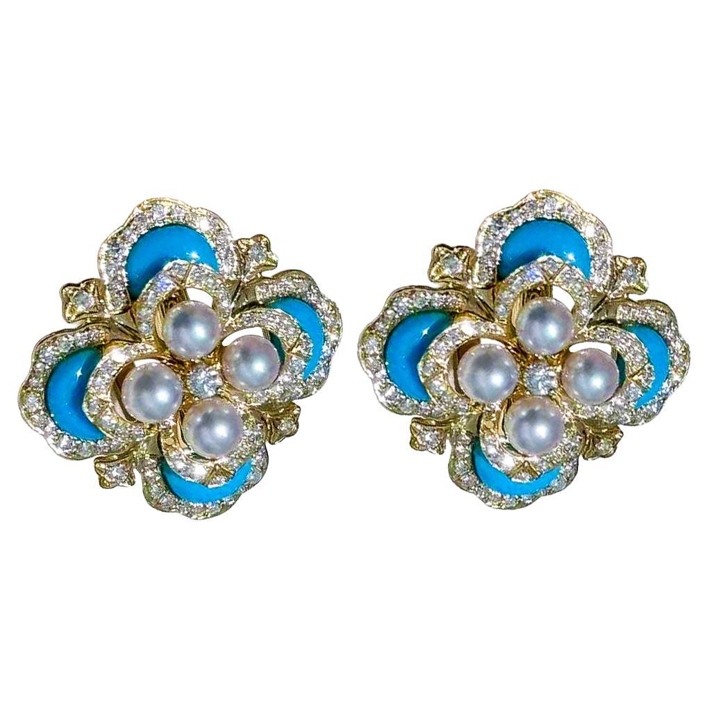 【Caelmare】Azure Clover - Baby Akoya Pearl & Turquoise Diamond Earrings