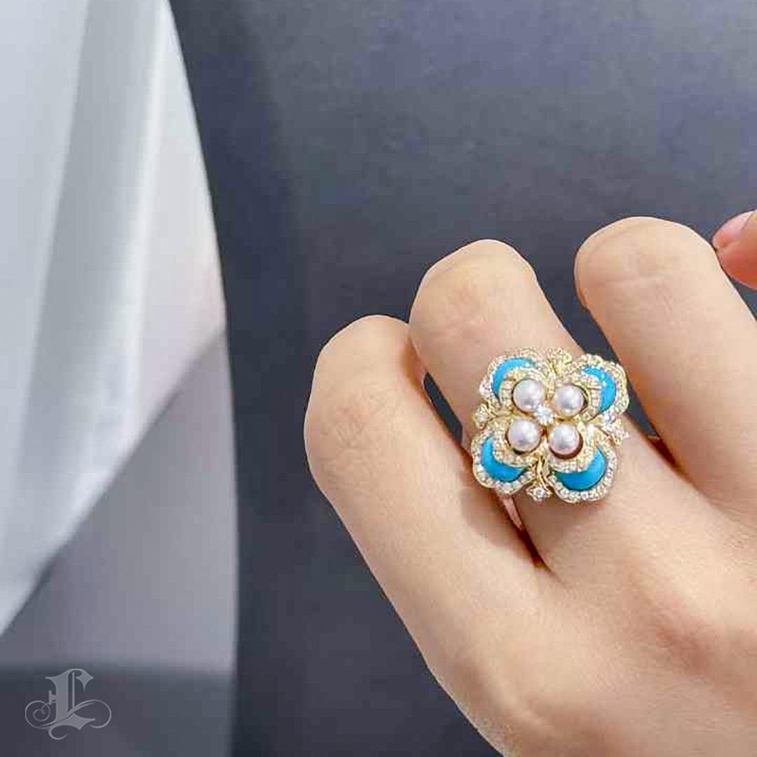【Caelmare】Azure Clover - Baby Akoya Perle Türkis Diamant Cocktail Ring (Ungeschliffen) im Angebot