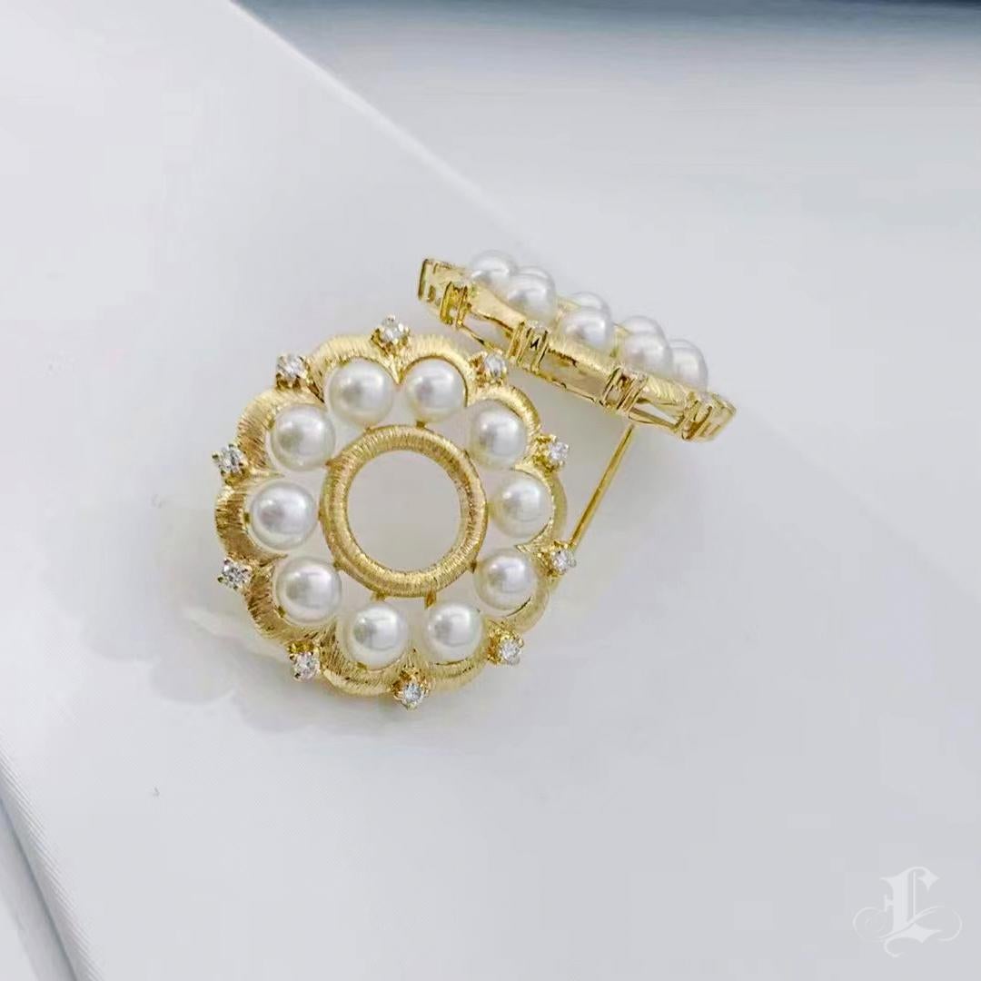 【Crown Radiance】Brushed Gold Bloom Aurora Akoya Pearl & Diamond Earrings For Sale 2