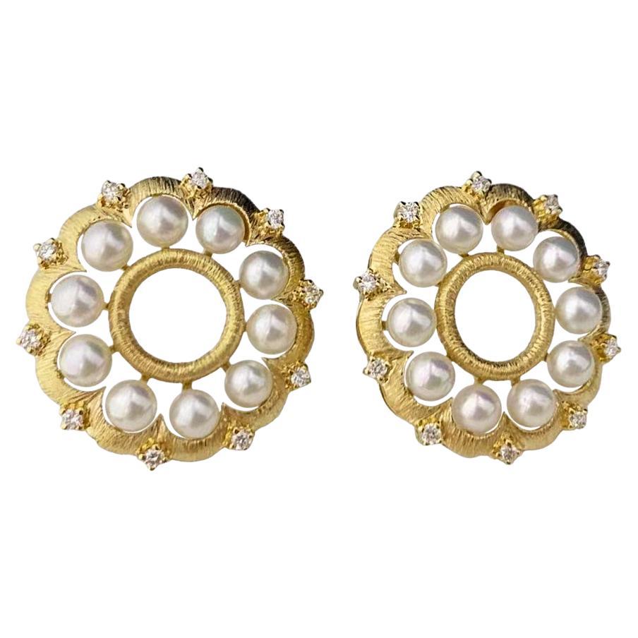 【Crown Radiance】Brushed Gold Bloom Aurora Akoya Pearl & Diamond Earrings