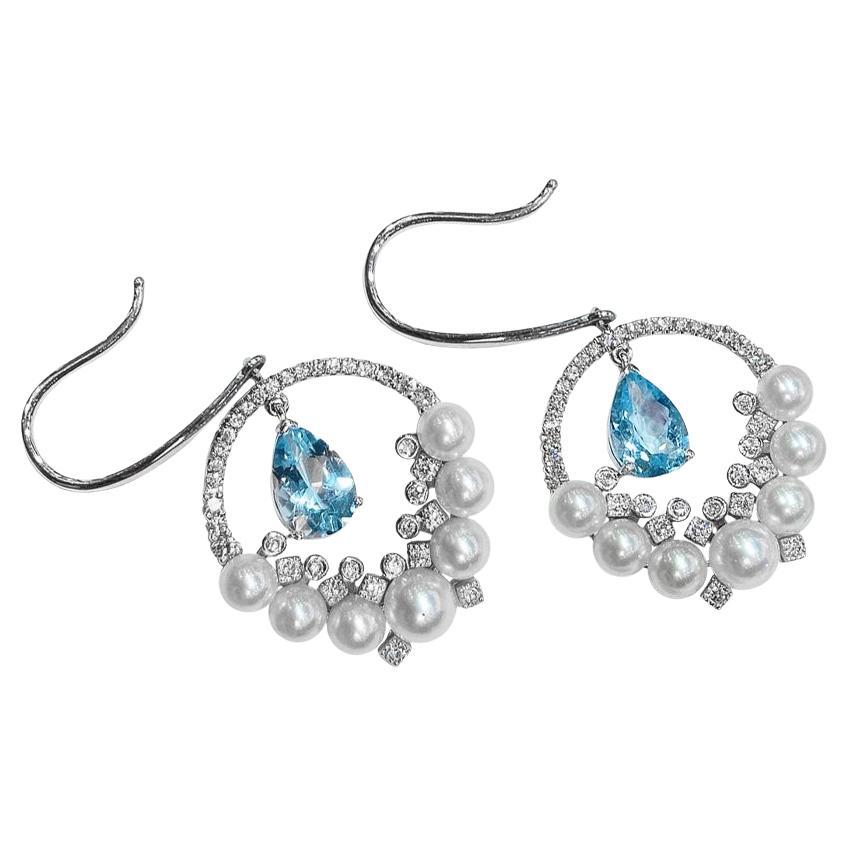 【Lustre Arc】Peacock Plume Aquamarine & Aurora Akoya Pearl Evening Earrings