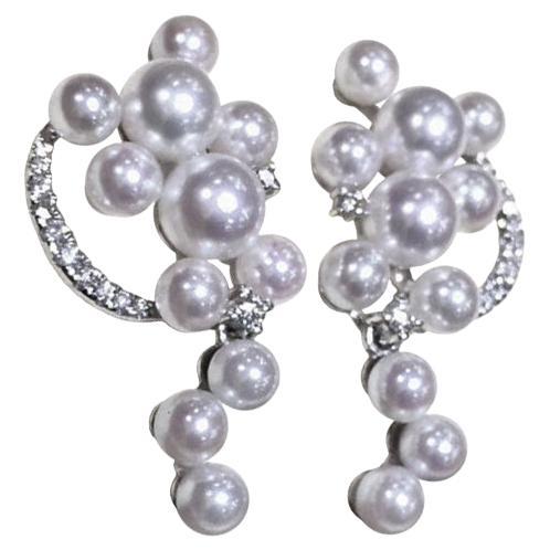 【Sculpted Geometry】Cascade Cluster Baby Akoya Pearl & Diamond Statement Earrings For Sale