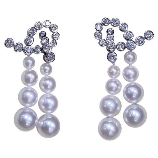 【Sculpted Geometry】Orbit Line Aurora Akoya Pearl Diamond Drop Earrings