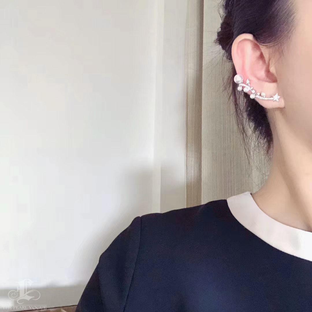 【Lustre Arc】Starlit Trail Aurora Akoya Pearl Diamond Ear Cuff Pendientes Sin cortar en venta