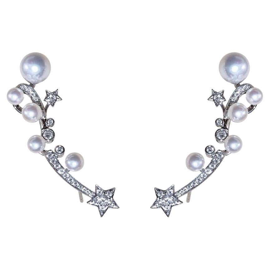 【Lustre Arc】Starlit Trail Aurora Akoya Pearl Diamond Ear Cuff Earrings