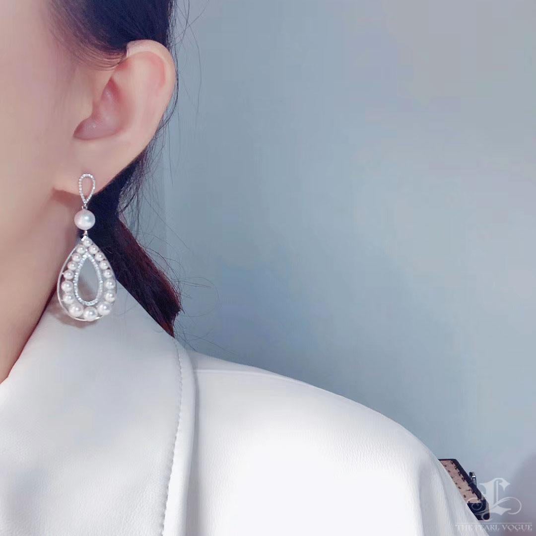 Uncut 【Crown Radiance】Teardrop Cascade Aurora Akoya Pearl Diamond Earrings For Sale