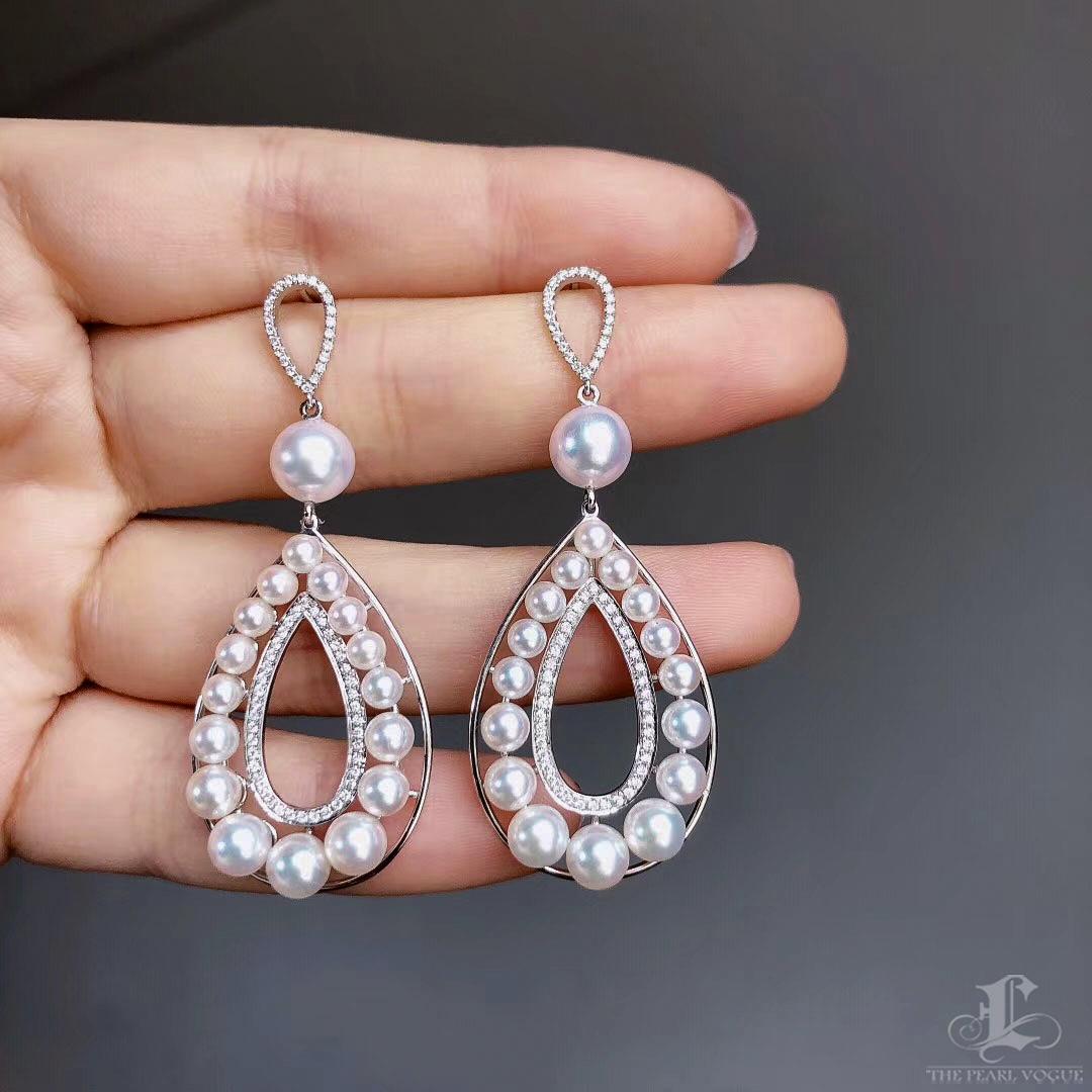 【Crown Radiance】Teardrop Cascade Aurora Akoya Pearl Diamond Earrings In New Condition For Sale In New York, NY