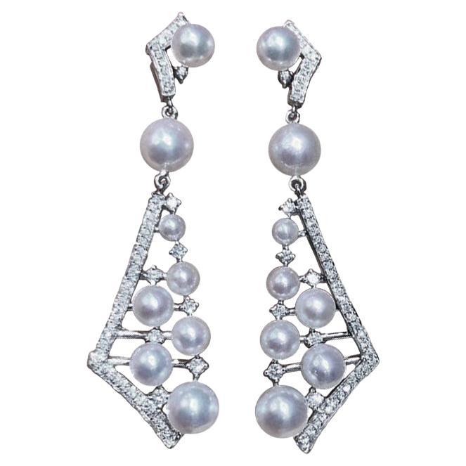 【Crown Radiance】Architectural Akoya Pearl 18K Gold Diamond Geometric Earrings