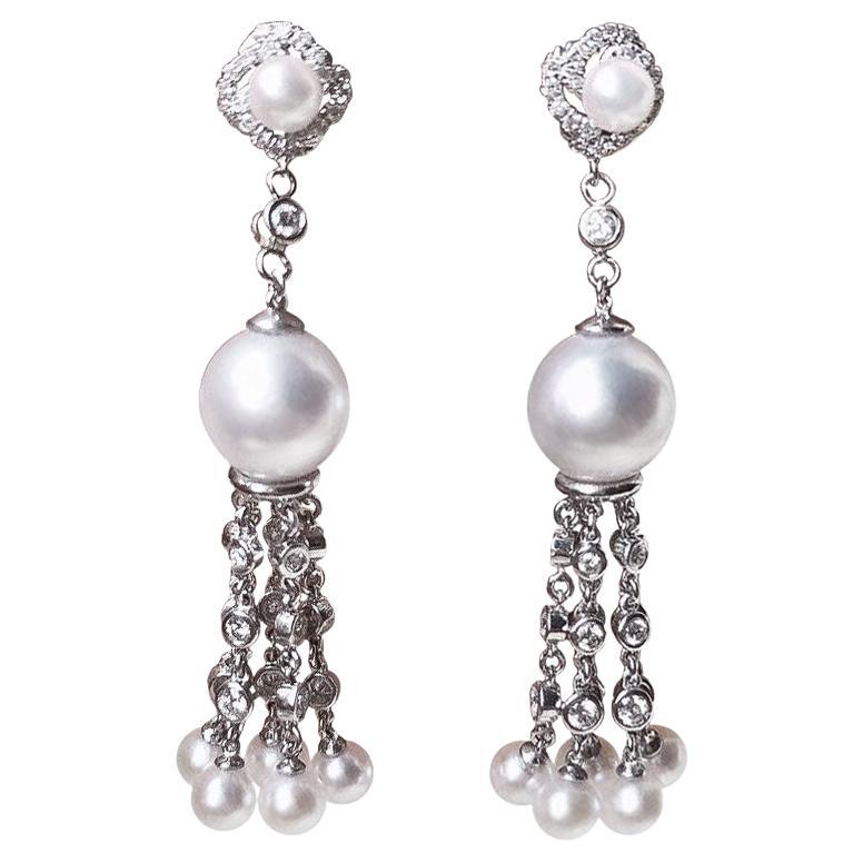 【Crown Radiance】Geo-Line Aurora Akoya Pearl Diamond Tassel Earrings