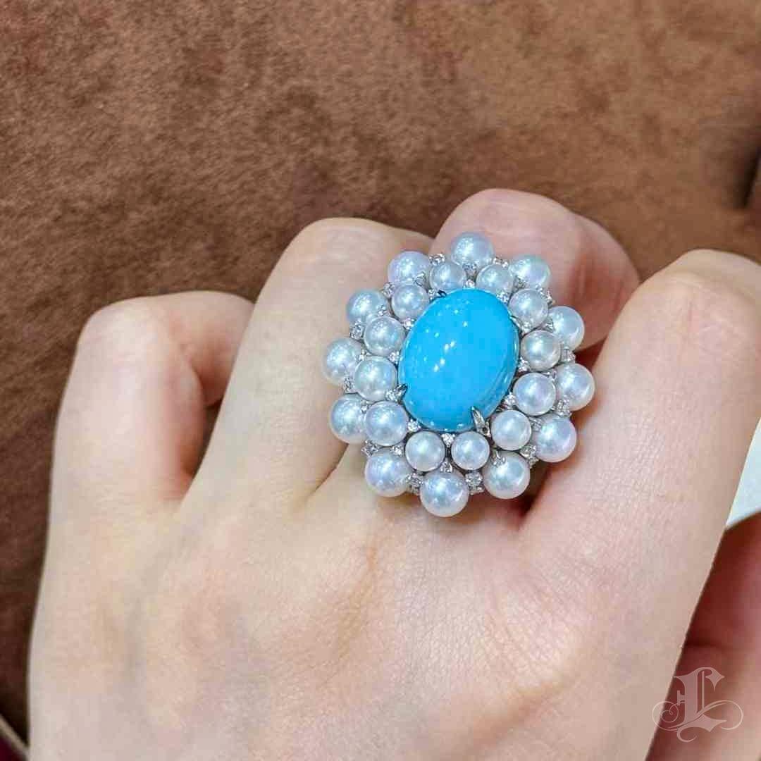 Uncut 【Caelmare】Baroque Bloom Akoya Pearl & Turquoise Cocktail Ring For Sale