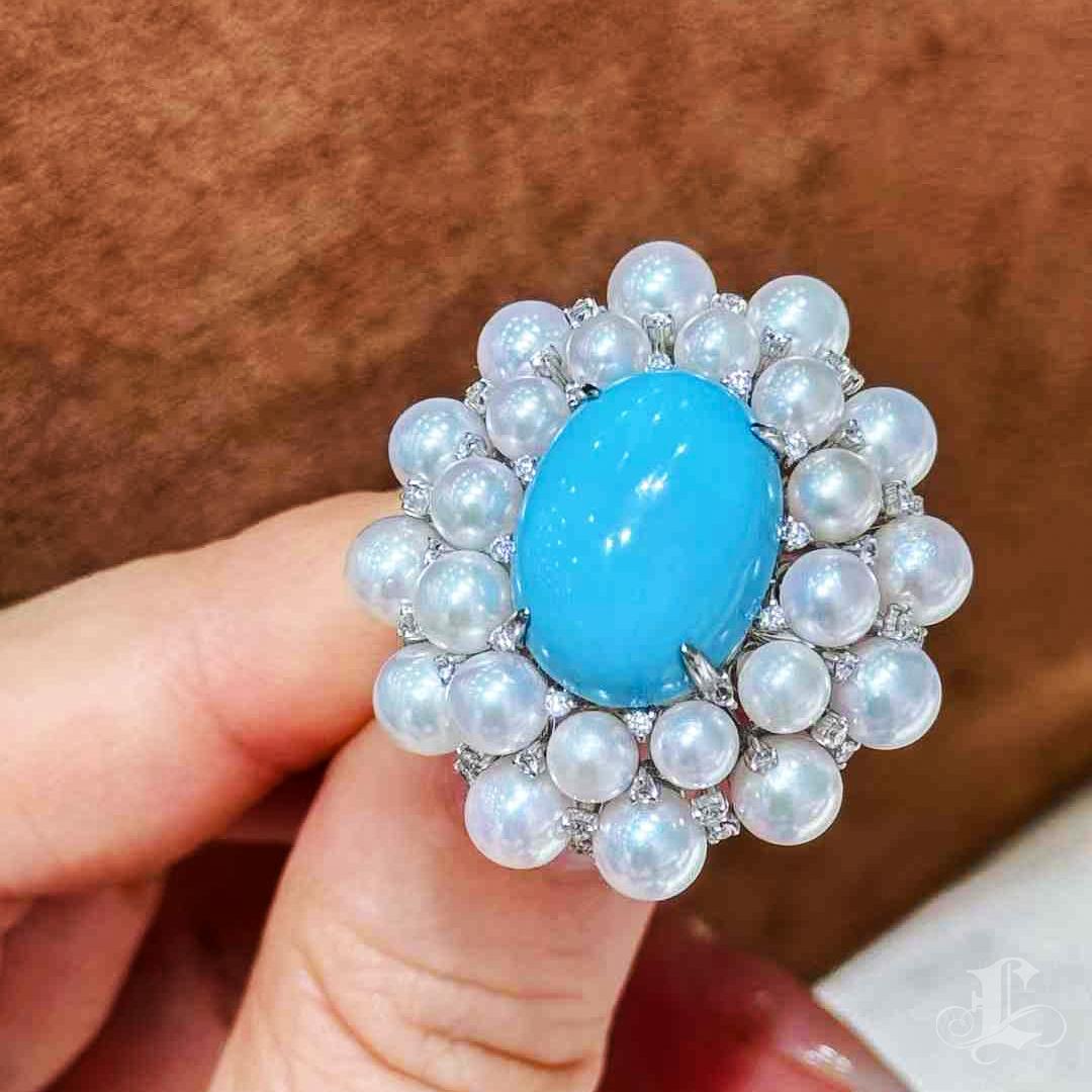 Women's 【Caelmare】Baroque Bloom Akoya Pearl & Turquoise Cocktail Ring For Sale